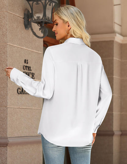 Zeagoo Womens Tops Satin Blouse Long Sleeve Shirts V Neck Dressy Casual | Button Down Business Outfits Fall Fashion With Pockets