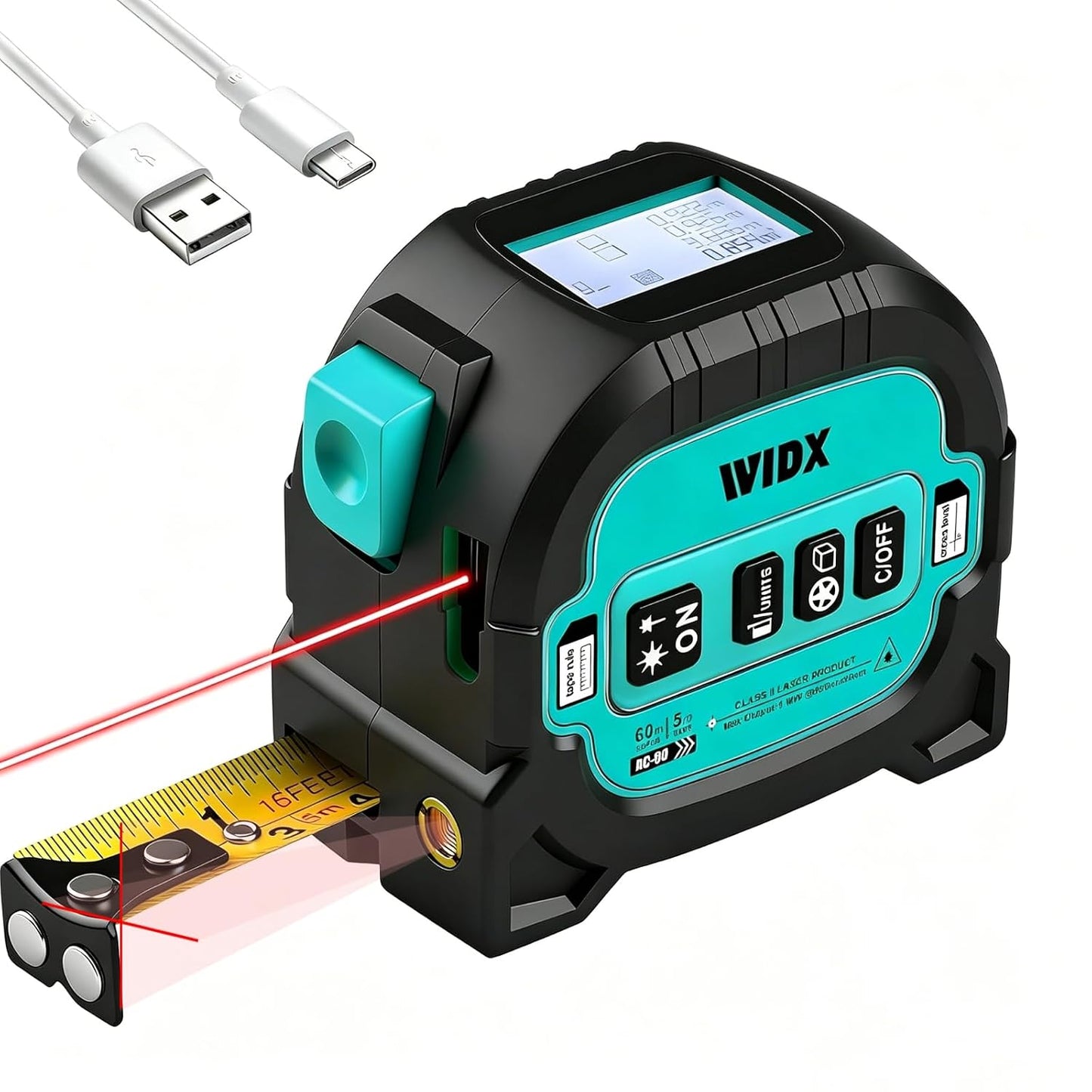 WIDX 3-in-1 Laser Tape Measure with Cross Line, 196ft Laser Rangefinder & 16ft Auto-Lock Tape Measure with Magnet, Laser Measuring Tape for in/Ft/M/Ft+n Unit, Linear/Area/Volume