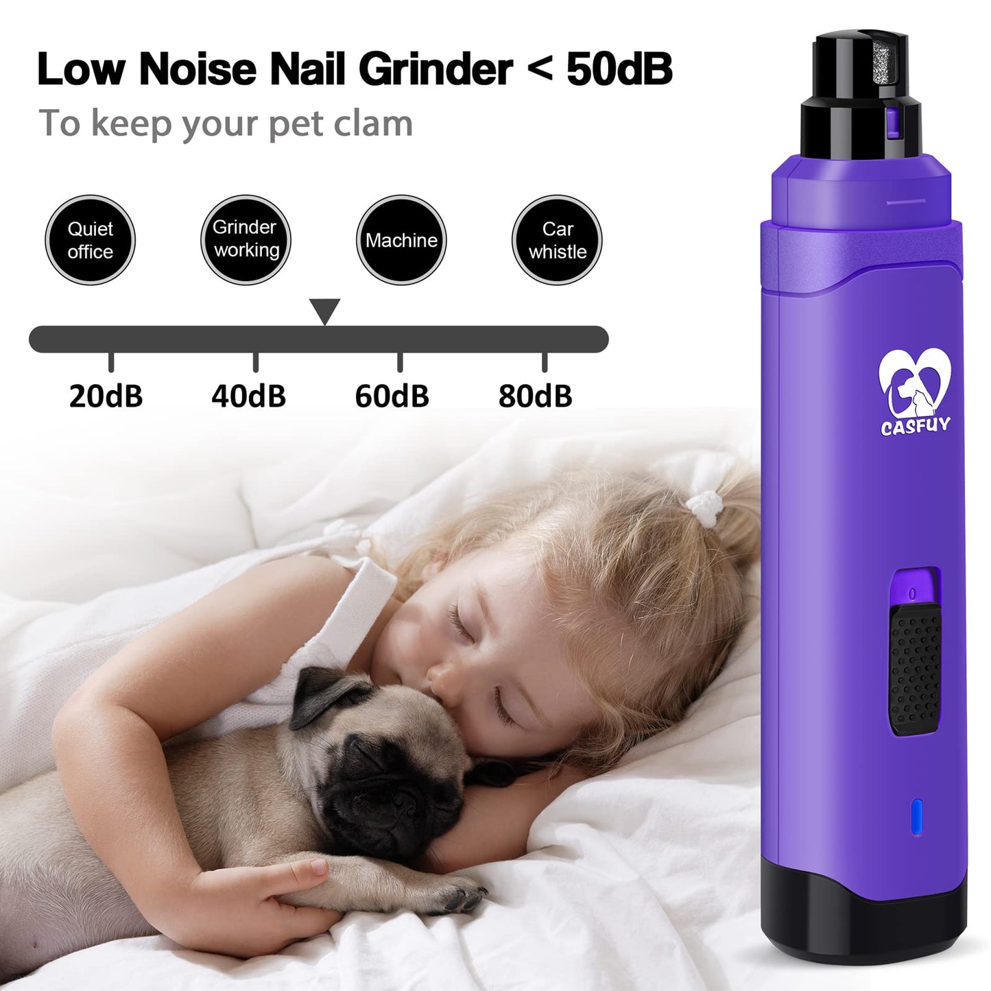 Casfuy Dog Nail Grinder Upgraded - Professional 2-Speed Whisper-Quiet Electric Pet Nail Trimmer Painless Paws Grooming & Smoothing for Small Medium Large Dogs & Cats (Dark Blue)
