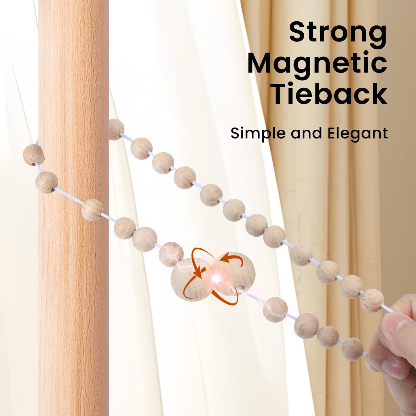 KLOGTSIND Magnetic Curtain Tiebacks, Curtain Holdbacks for Curtains 2 Pack, Wood Bead Curtain Holders for Boho Bedroom Decor, Baby Nursery Decor, Farmhouse Decor