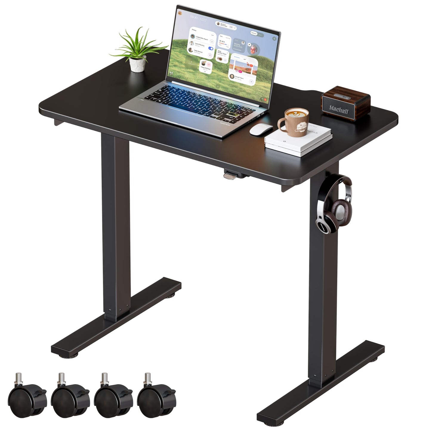 Okin Small Electric Standing Desk, 36" x 24" Whole Piece Height Adjustable Desk, Oak Sit to Stand Computer Workstation with Wheels for Home Office