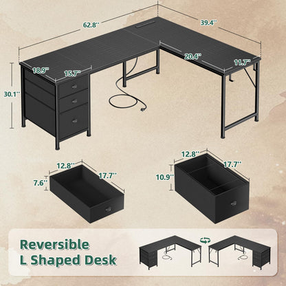 Furologee 63" L Shaped Desk with Power Outlets & USB-C Port, Reversible Corner Computer Desk with 3 Fabric Drawers, Hooks, Large Home Office Desk for Gaming, Writing, Work, Black