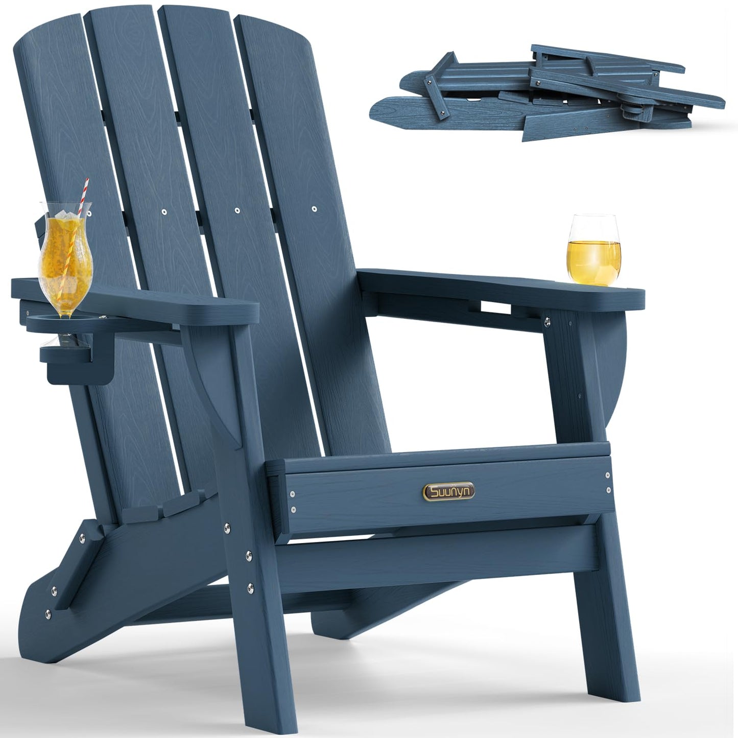 Folding Adirondack Chair, HDPE Adirondack Chairs with 2 Cup Holder, Plastic All-Weather Fire Pit Chairs, Outdoor Lawn Chair for Patio Garden (Grey)