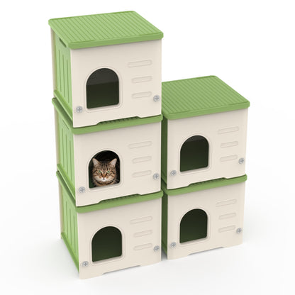 Plastic Cat House for Outdoor Indoor Use, Stackable Feral Cat Shelter Indoor Cat House Weatherproof Waterproof Elevated (Green)