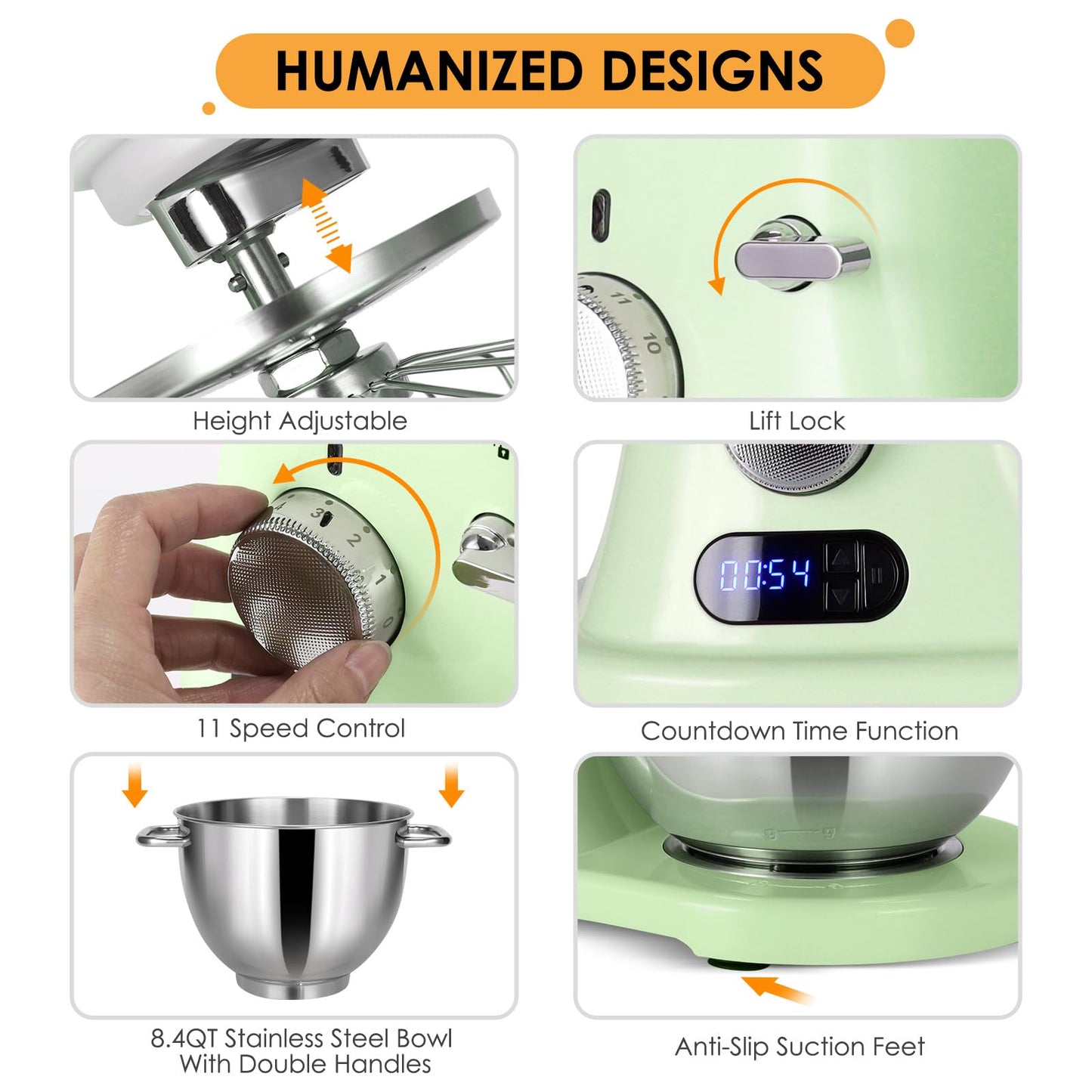 8.4QT Commercial Stand Mixer 800W with Aluminum Die Casting Meets the Standard of NSF/ANSI 8-2023, Mixers Kitchen Electric Stand Mixer with Stainless Steel 8L Bowl, Dough Hook, Whisk and Beater