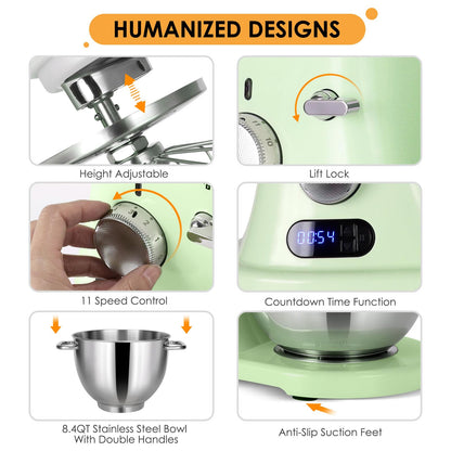 8.4QT Commercial Stand Mixer 800W with Aluminum Die Casting Meets the Standard of NSF/ANSI 8-2023, Mixers Kitchen Electric Stand Mixer with Stainless Steel 8L Bowl, Dough Hook, Whisk and Beater