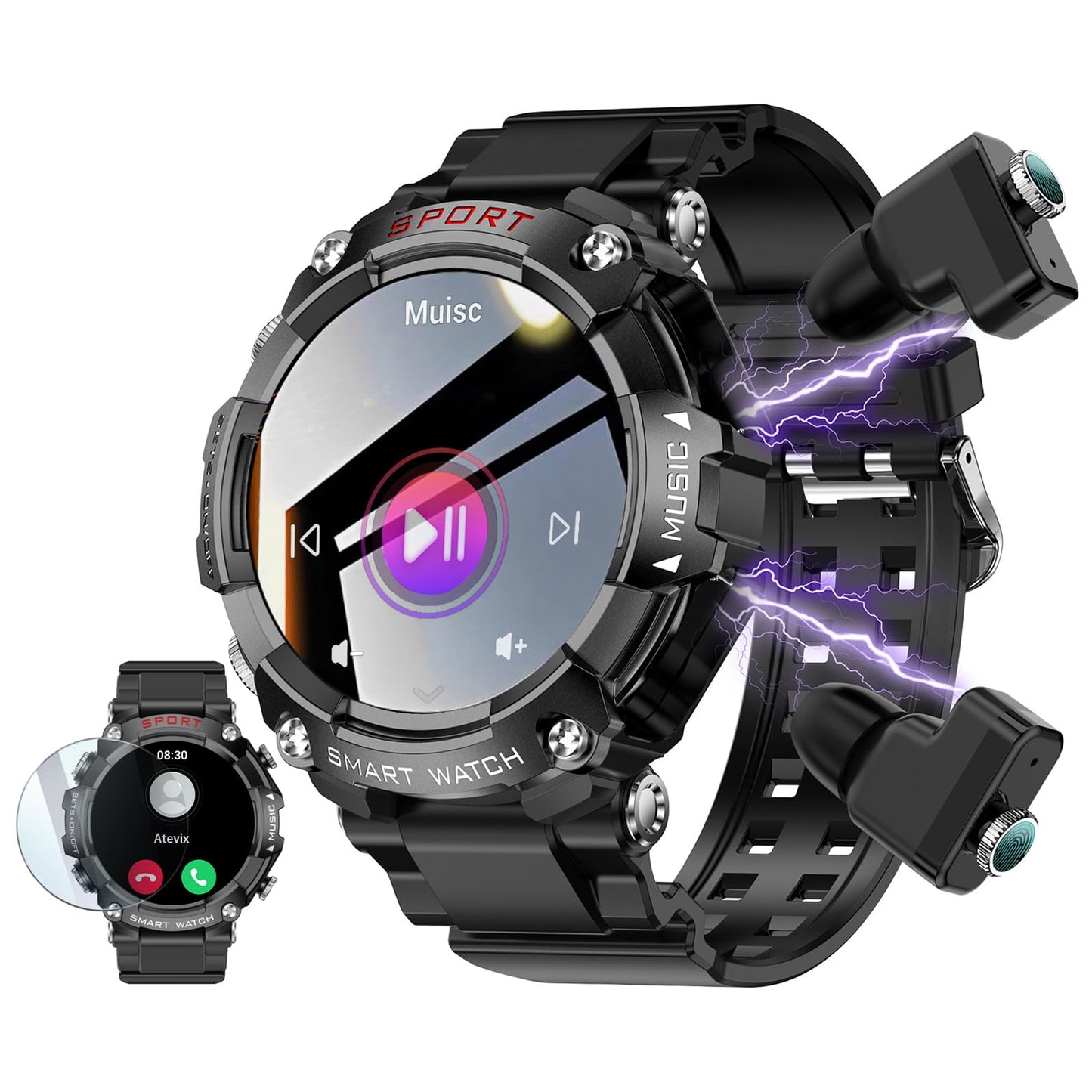 Smart Watch with Earbuds for Men, Smart Watches for Android Phones, Bluetooth Calling can Answer and Make Calls, Military Resistant Fitness, Sports Fitness Tracker with Step,Heart Rate