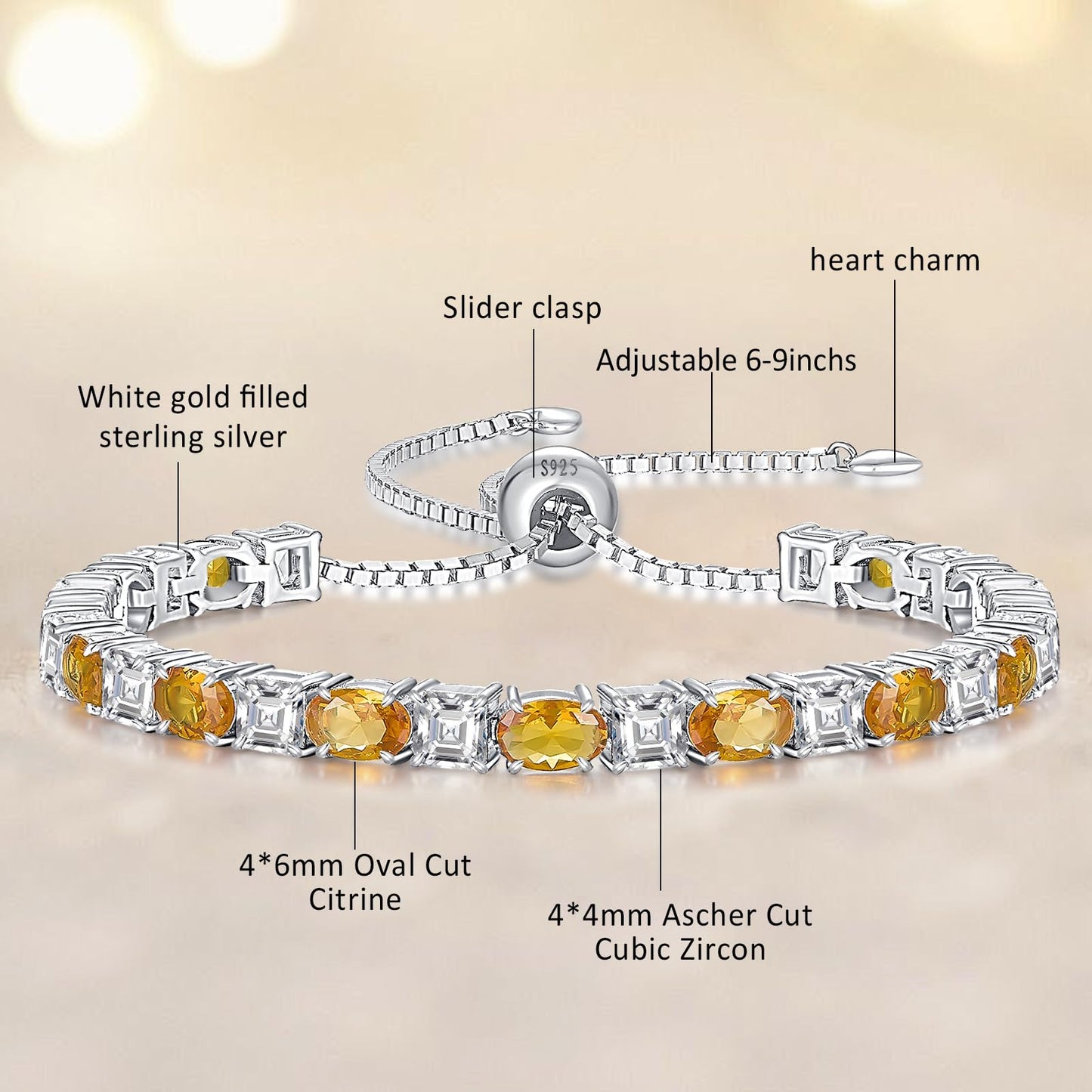 Sterling Silver Birthstone Bracelets for Women White Gold Tennis Bracelets Adjustable Chain 6-9 Inchs Jewelry Hypoallergenic Anniversary Birthday Gifts for Women Mom Wife Her