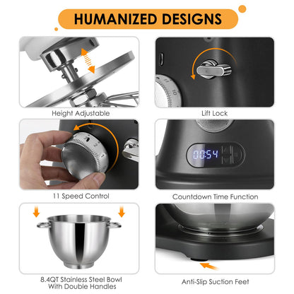 8.4QT Commercial Stand Mixer 800W with Aluminum Die Casting Meets the Standard of NSF/ANSI 8-2023, Mixers Kitchen Electric Stand Mixer with Stainless Steel 8L Bowl, Dough Hook, Whisk and Beater