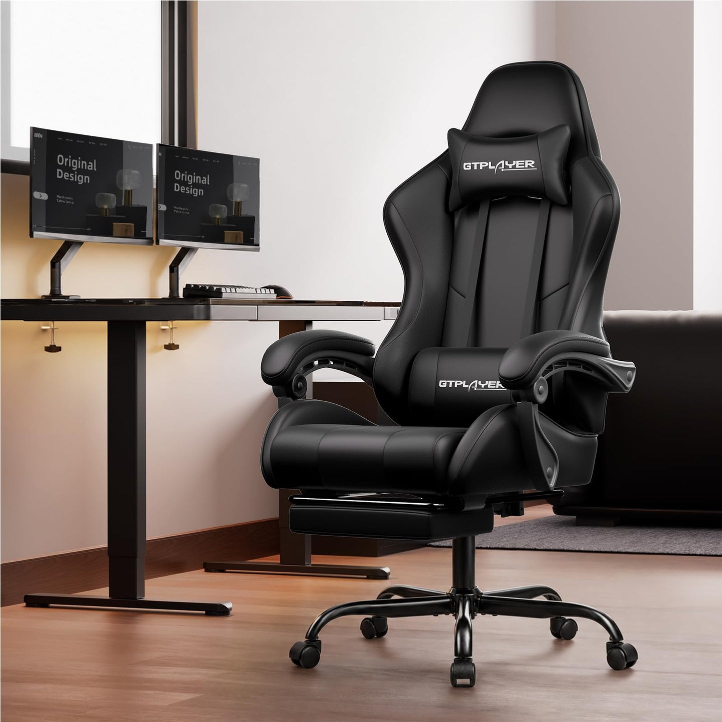 GTPLAYER Gaming Chair, Computer Chair with Footrest and Lumbar Support, Height Adjustable Game Chair with 360°-Swivel Seat and Headrest and for Office or Gaming (Pearl White)