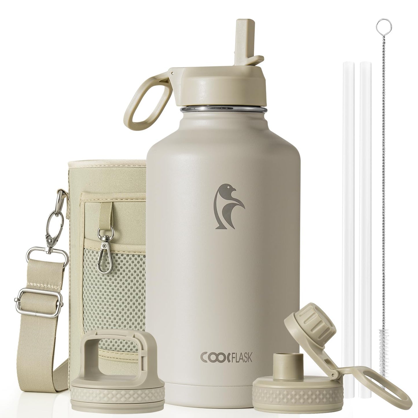Half Gallon Water Bottle Insulated with Straw & 3 Lids, Coolflask 64 oz Water Jug Large Metal Stainless Steel Wide Mouth for Sports, Gym or Office, Non-BPA Keep Cold 48H Hot 24H, Samurai Cyan
