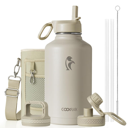 Half Gallon Water Bottle Insulated with Straw & 3 Lids, Coolflask 64 oz Water Jug Large Metal Stainless Steel Wide Mouth for Sports, Gym or Office, Non-BPA Keep Cold 48H Hot 24H, Samurai Cyan