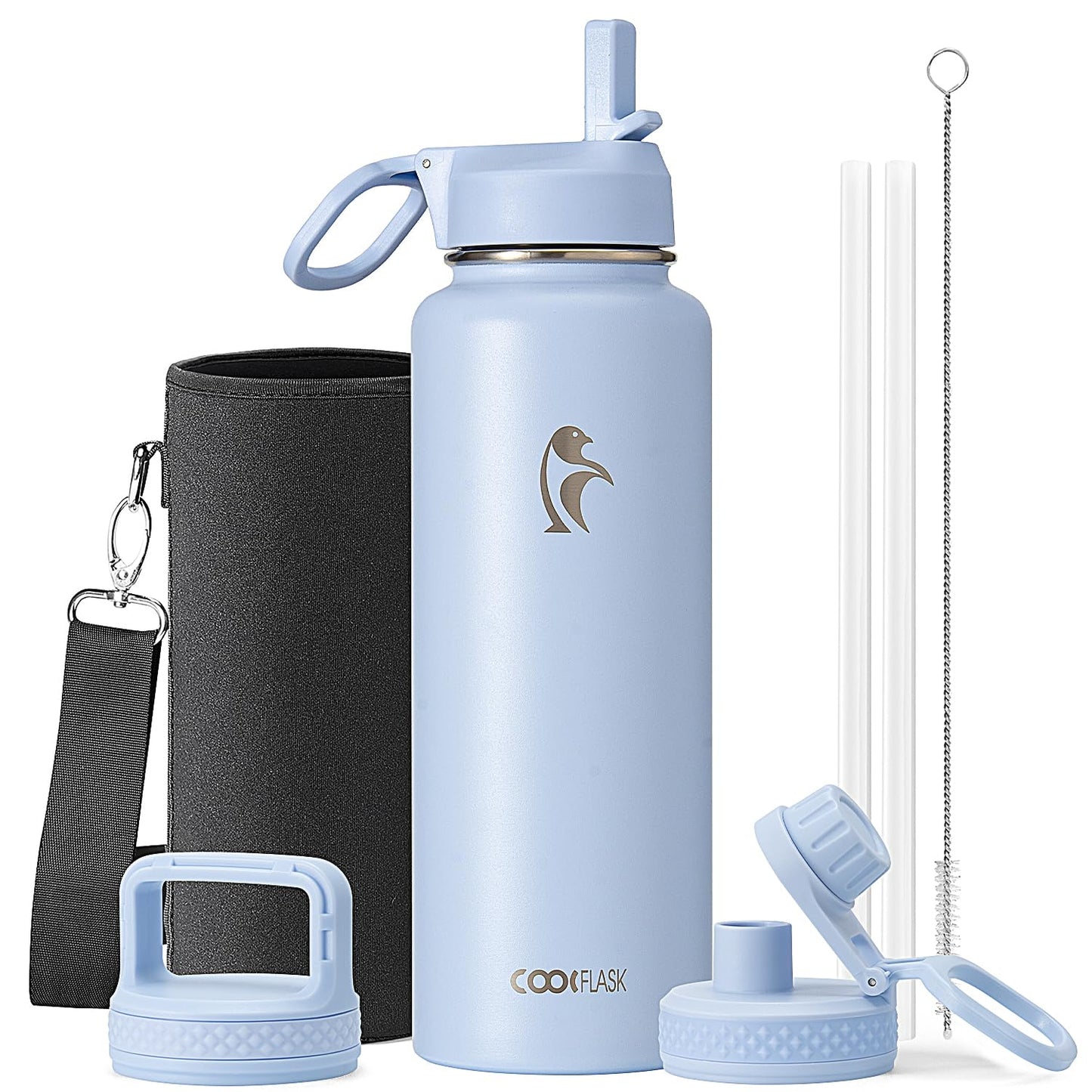 Half Gallon Water Bottle Insulated with Straw & 3 Lids, Coolflask 64 oz Water Jug Large Metal Stainless Steel Wide Mouth for Sports, Gym or Office, Non-BPA Keep Cold 48H Hot 24H, Samurai Cyan