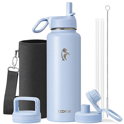Half Gallon Water Bottle Insulated with Straw & 3 Lids, Coolflask 64 oz Water Jug Large Metal Stainless Steel Wide Mouth for Sports, Gym or Office, Non-BPA Keep Cold 48H Hot 24H, Samurai Cyan
