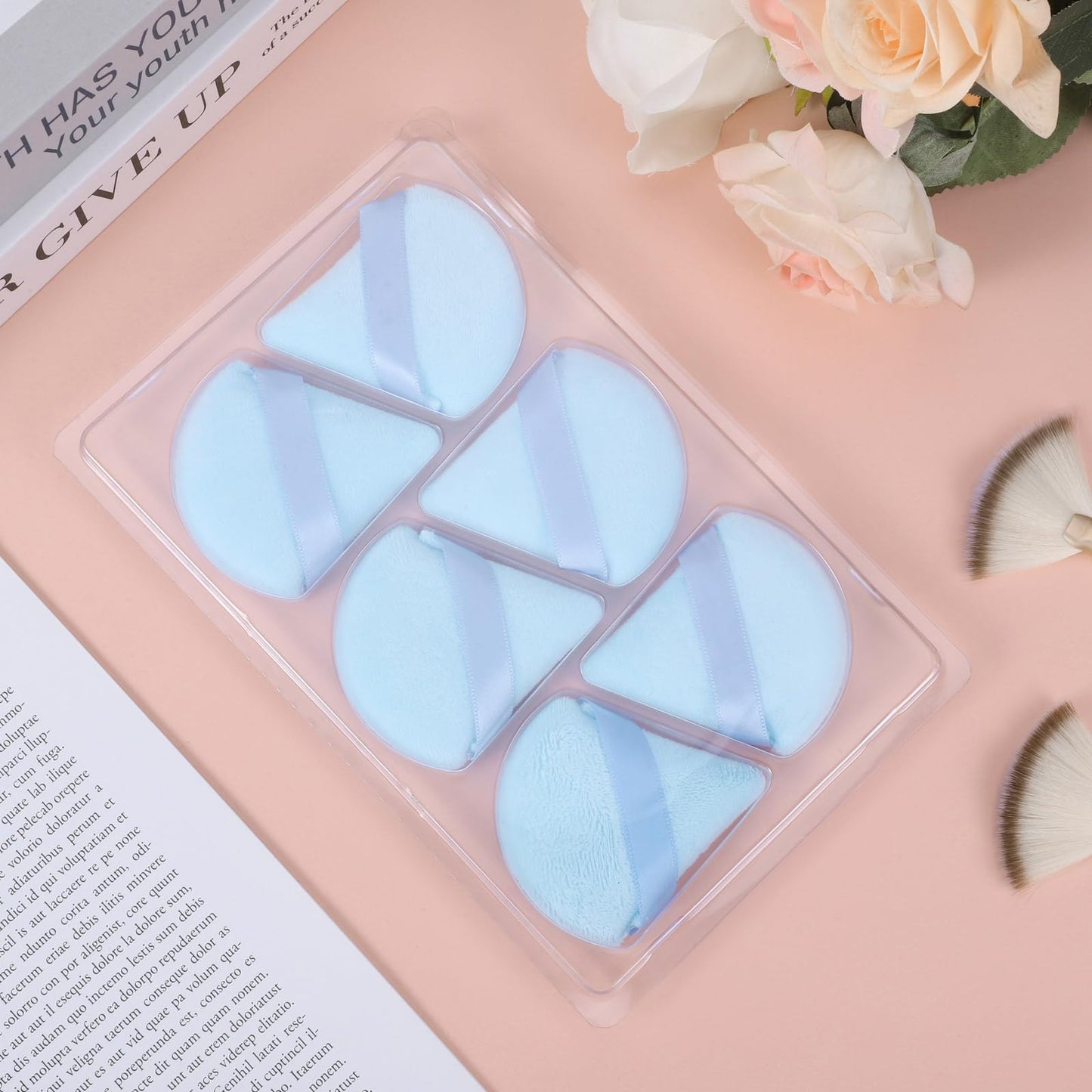 Pimoys 6 Pieces Powder Puff, Face Makeup Sponge Soft Velour Triangle Powder Puffs Beauty Sponge for Loose Powder (Black, Pink)