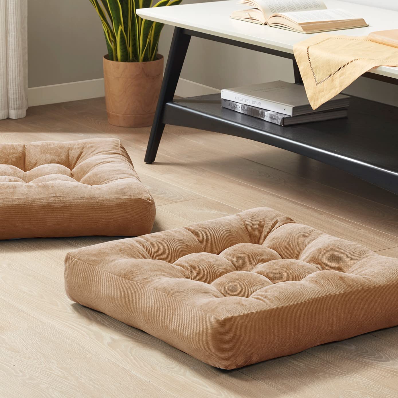 Meditation Floor Pillow Set of 2, Round Large Pillows Seating for Adults, Tufted Corduroy Cushion for Living Room Tatami, Beige 22 Inch