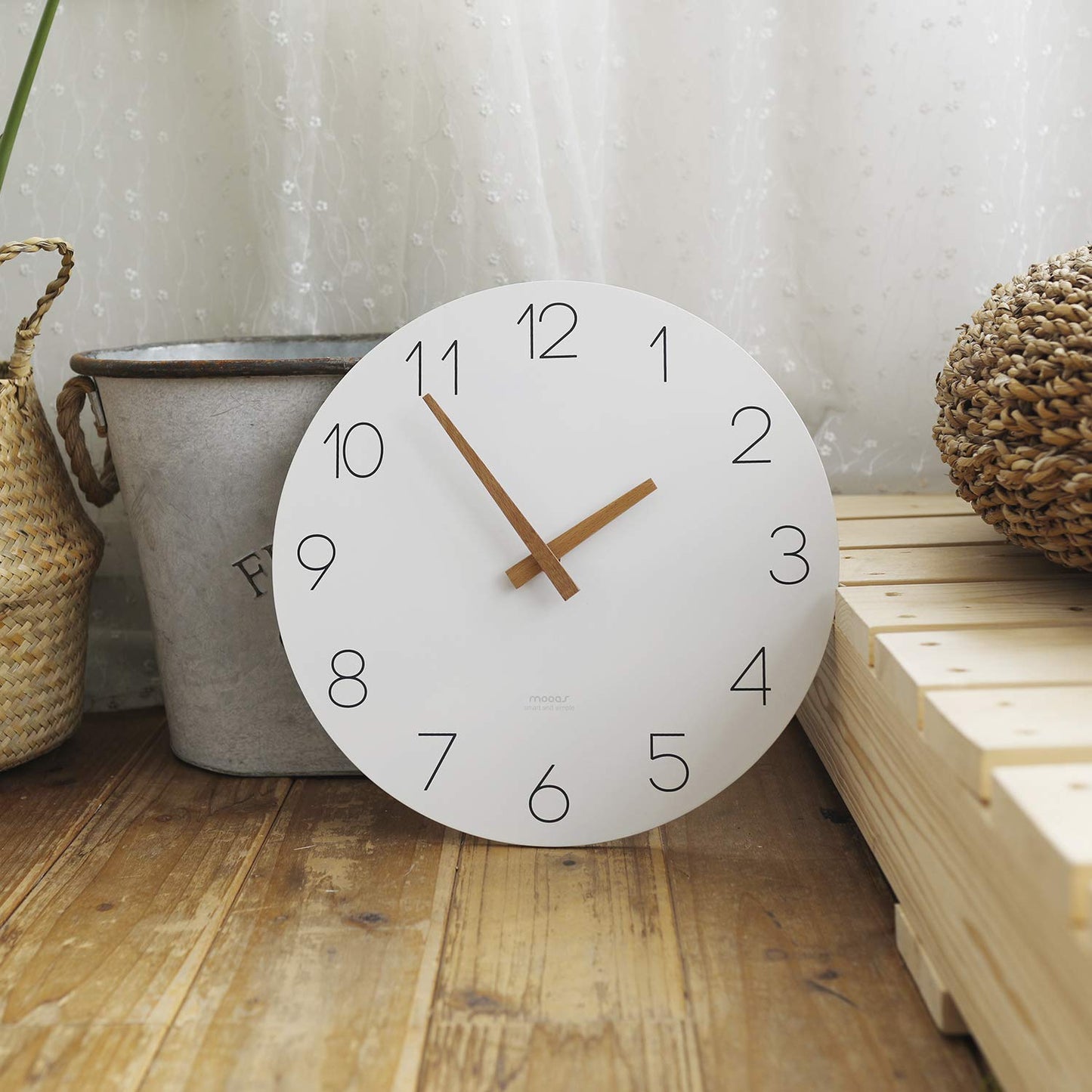 mooas Wooden Frame Flatwood Wall Clock,12" Non-Ticking Sweep Movement Decorative Battery Operated Wall Clock for Home Living Room Kitchen Bedroom Office School (Dark Brown)