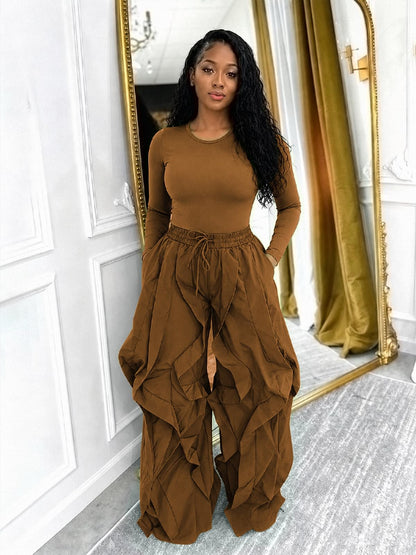 knowfashionstyle Women 2 Piece Outfits Cargo Parachute Pants Set Long Sleeve Top Baggy Y2K Balloon Pant Going Out Night Club