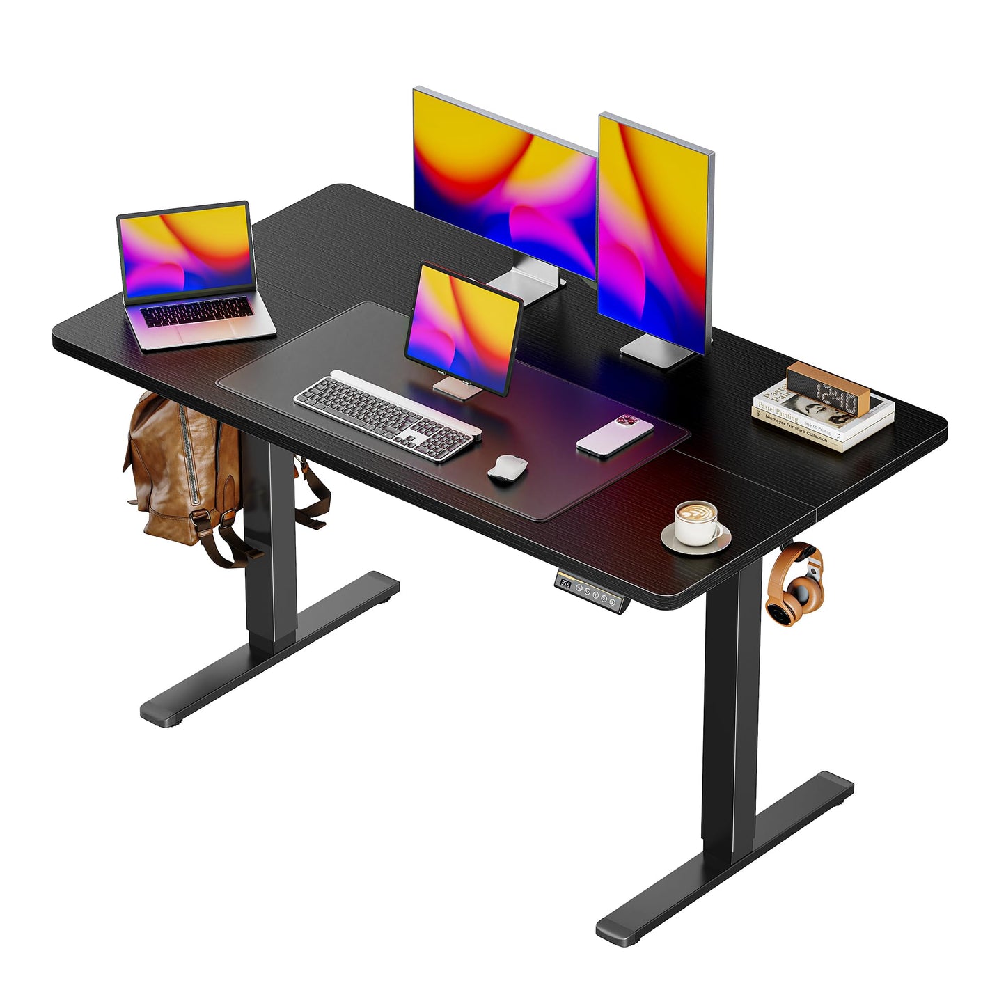 Huuger 55 x 28 Large Electric Standing Desk, Height Adjustable Computer Desk, 27.6" Deep Desktop, Stand up Gaming Office Table with 2 Hooks, 3 Preset Heights, for Home Office, Black