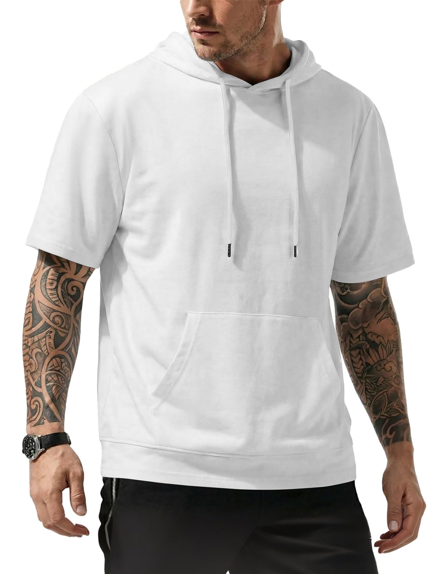 JMIERR Mens Short Sleeve Hoodie Cotton Hooded T-shirts Lightweight Solid Tops with Pocket