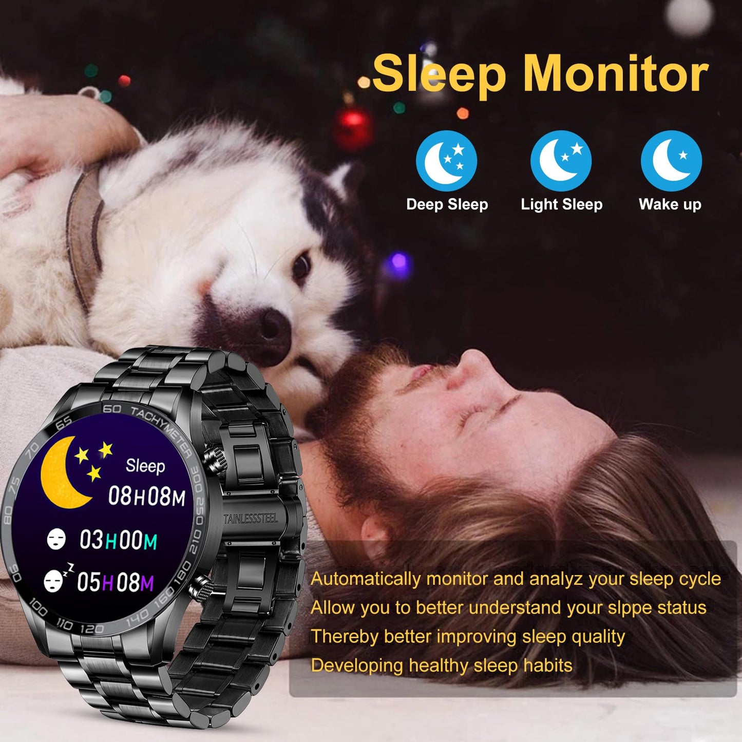 Men Smart Watch for Android iOS, Bluetooth Calls Voice Chat with Heart Rate/Sleep Monitor Fitness Tracker, 1.3" Full Touch Screen IP67 Waterproof Stainless Steel Activity Tracker for Men