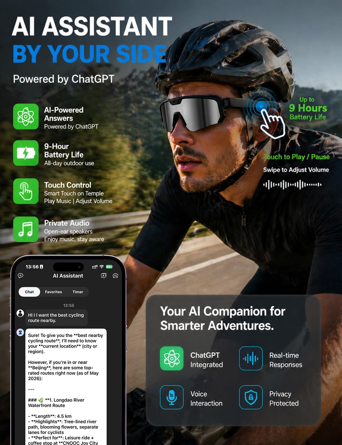 AI Smart Glasses with 30MP Camera, 4K HD Video Recording and Bluetooth Sport Glasses with ChatGPT Voice Real-Time Translation,IP66 UV400 Sunglasses for Baseball, Cycling & Hiking Black