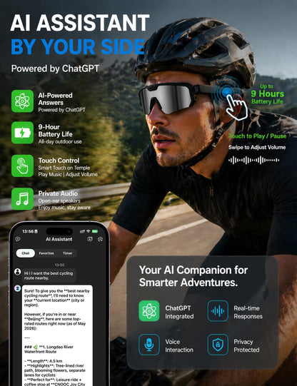 AI Smart Glasses with 30MP Camera, 4K HD Video Recording and Bluetooth Sport Glasses with ChatGPT Voice Real-Time Translation,IP66 UV400 Sunglasses for Baseball, Cycling & Hiking Black