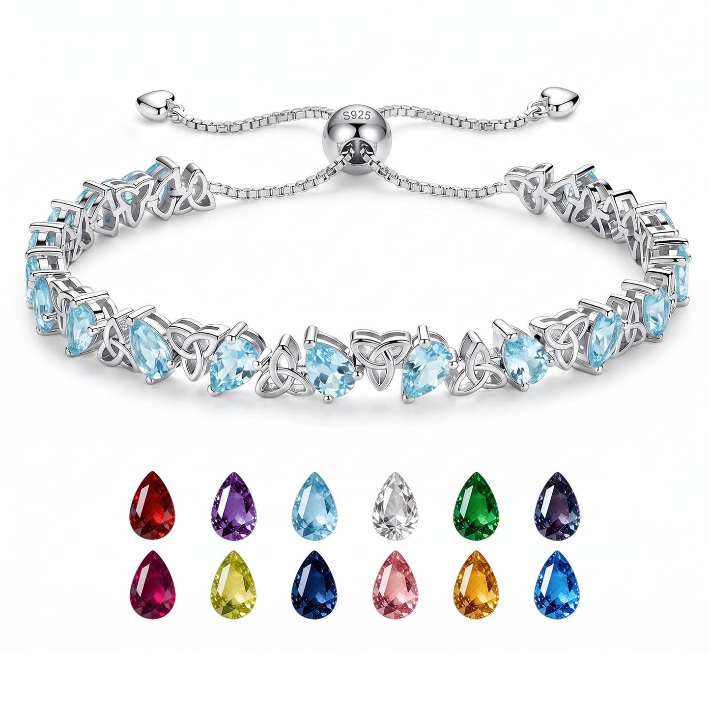 Birthstone Bracelets for Women, Pear Cut Tennis Bracelet 925 Sterling Silver, 6-9 Inch Adjustable Celtic Knot, Anniversary Birthday Jewelry Gifts for Women