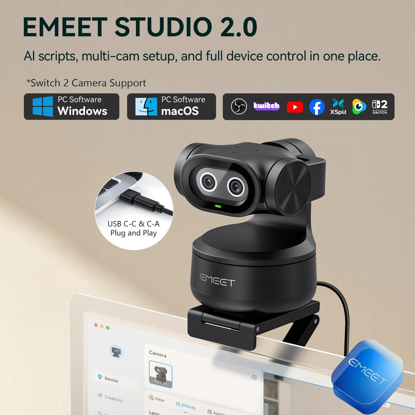 EMEET PIXY Dual-Camera AI-Powered PTZ Camera 4K with Tripod, AI Tracking, PDAF&AI Autofocus 0.2s, 1/2.55'' Sony Sensor, 3 Mics, Presets, 4K Webcam for Streaming, OBS/Twitch/Switch 2 Compatible