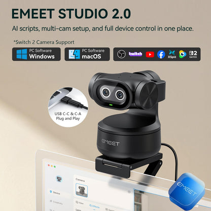 EMEET PIXY Dual-Camera AI-Powered PTZ Camera 4K with Tripod, AI Tracking, PDAF&AI Autofocus 0.2s, 1/2.55'' Sony Sensor, 3 Mics, Presets, 4K Webcam for Streaming, OBS/Twitch/Switch 2 Compatible