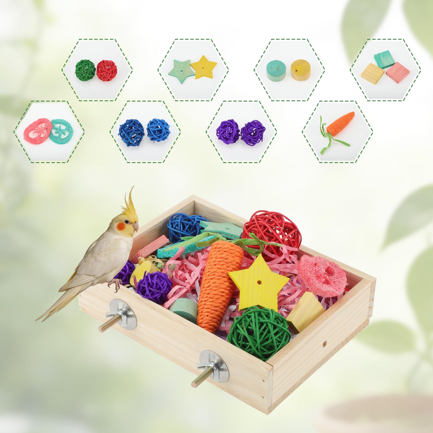 Bird Foraging Toys Box, Wooden Foraging and Shredding Toy for Birds, Bird Box for Mental Stimulation, Wood Colour