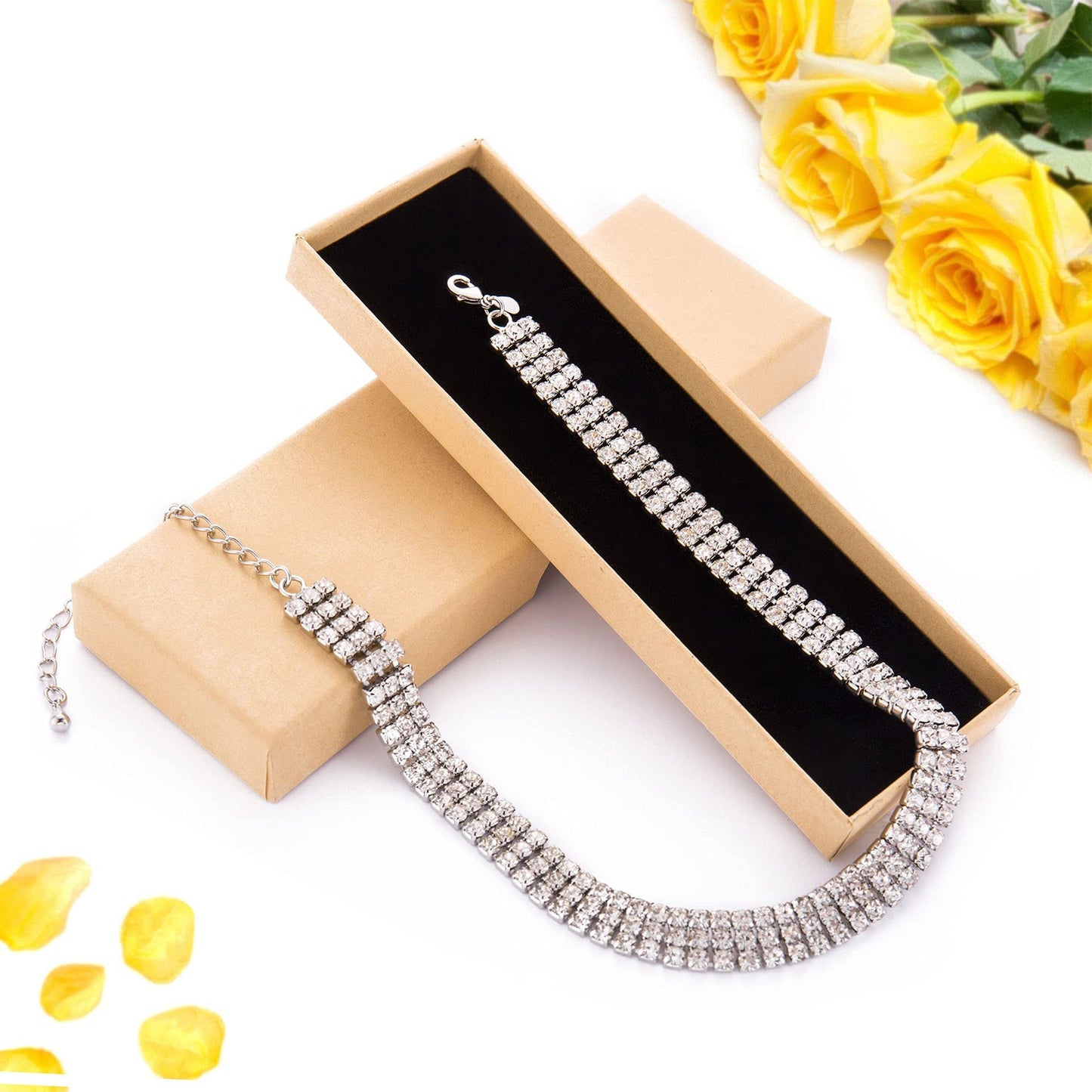 Zealmer 3 Row Rhinestone Choker Necklace for Women 18K Gold Plated