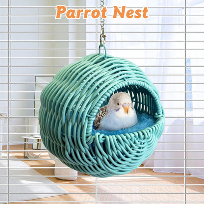 BNOSDM Rattan Bird Nest Parrot Nesting House Parakeet Nesting Soft Lovebird Warm Bed Sleeping for Parrots Bird Cage Accessories for Cockatiels Budgerigars Finches Canaries (Single-Hole Style)