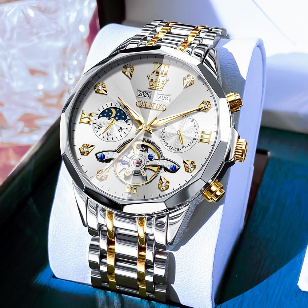 OLEVS Skeleton Men Watches Automatic Business Luxury Diamond Self Winding Watch for Men Stainless Steel Calendar Wrist Watch