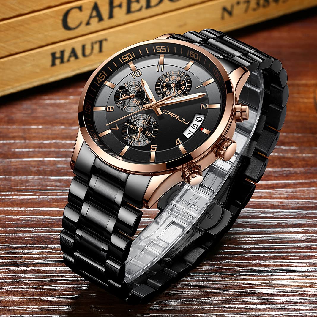 CRRJU Men's Fashion Stainless Steel Watches Date Waterproof Chronograph Wristwatches,Black Steel Band Waterproof Quartz Watch for Men