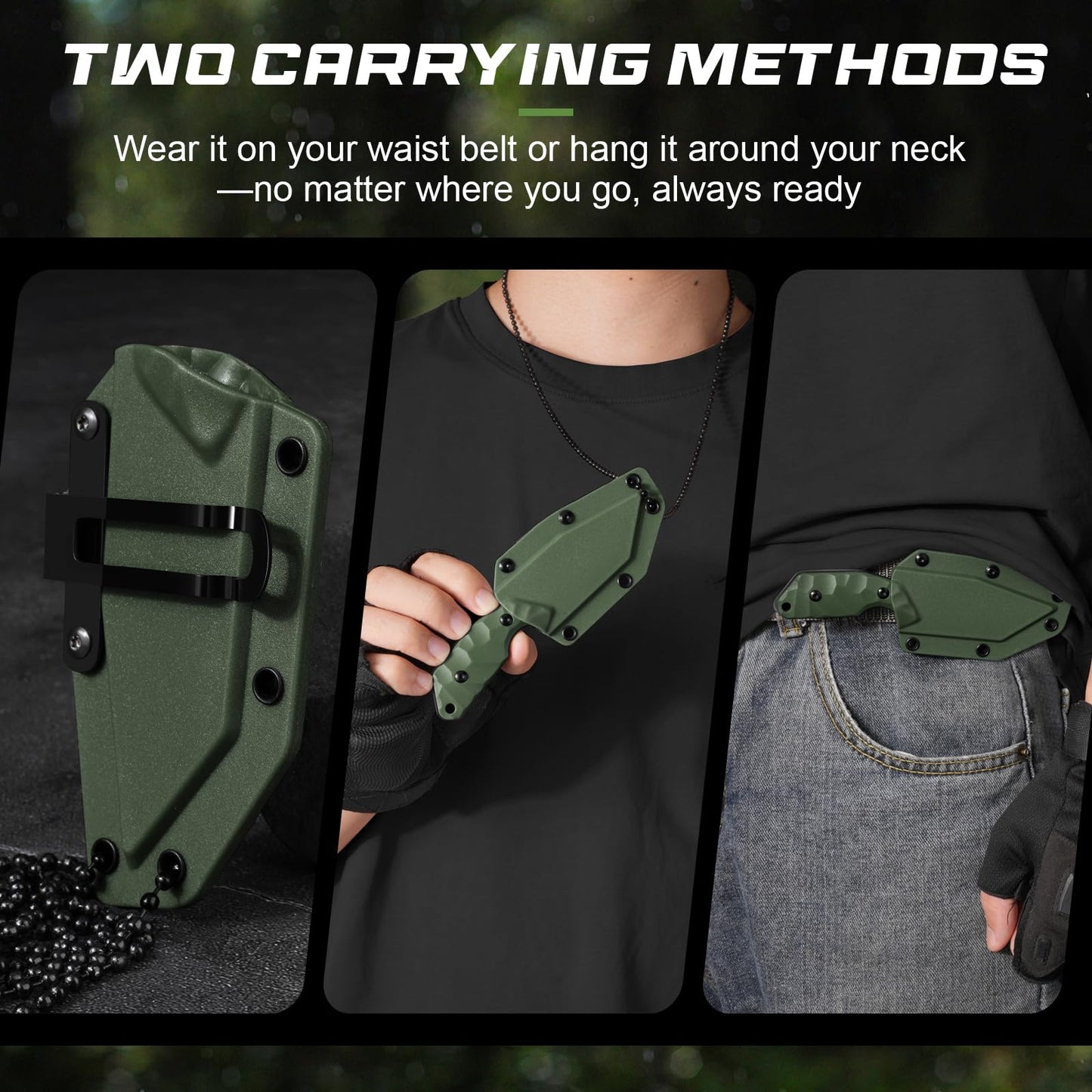 Neck Knife with Sheath and Necklace X-TAN-K, Horizontal Carry Knife with Full Tang Tanto 5Cr14MoV Steel Blade, Khaki ABS Handle, EDC, Outdoor, Camping & Hiking
