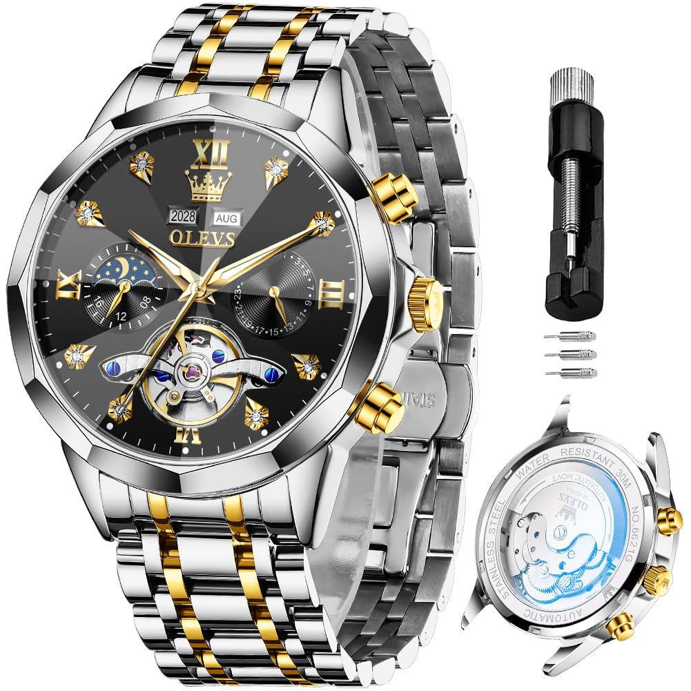 OLEVS Skeleton Men Watches Automatic Business Luxury Diamond Self Winding Watch for Men Stainless Steel Calendar Wrist Watch