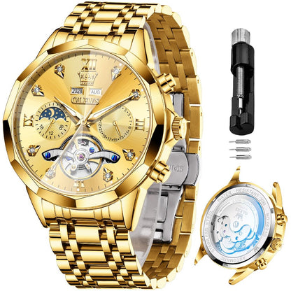 OLEVS Skeleton Men Watches Automatic Business Luxury Diamond Self Winding Watch for Men Stainless Steel Calendar Wrist Watch
