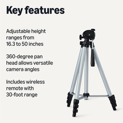 Amazon Basics 50-inch Lightweight Portable Camera Tripod Stand with Quick-Release Plate, Adjustable Height, Aluminum, for Travel Photography, Champagne