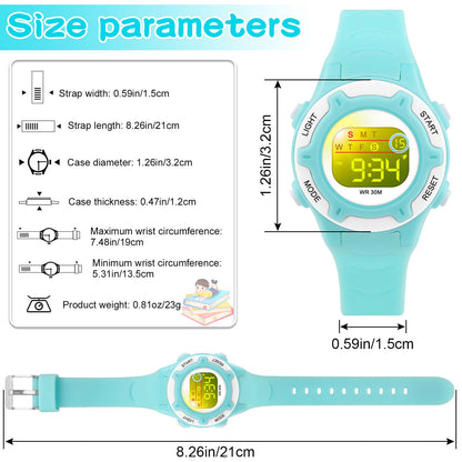 DTKID Digital Kids Watch 30 M Waterproof, 7 Color Lights Time Teaching Watch Easy to Read for Girls Boys 5-16