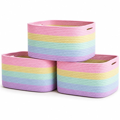 Light Honey Cotton Rope Baskets for Shelves, Set of 3 - 15"×10"×9½" - Woven Storage Baskets for Organizing - Closet, Nursery, Bedroom, Playroom - Toys, Books, Towels, Clothes