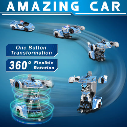 FDJ Remote Control Car - Transform Toys Car Robot, One Button Deformation to Robot with Flashing Light, 2.4Ghz 1:18 Scale Transforming Police Car Kids Toys with 360 Degree Rotating, Girls Boys Toys