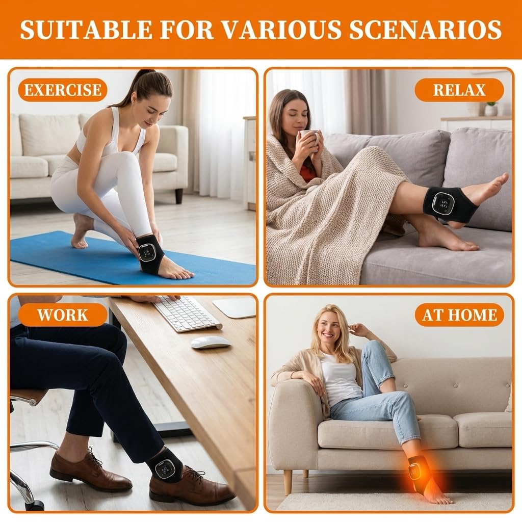 Red Light Cordless Ankle Massager with Heat & Vibration, for Foot & Ankle Pain Relief, 5 Heat Levels, 3 Massage Modes,Travel & Home Use (Charcoal Black-2 Pack)