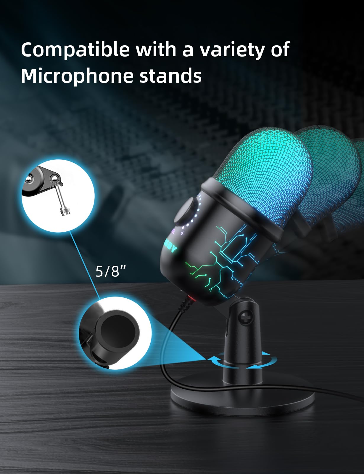 MRSDY USB Gaming Microphone for PC with Noise Reduction, Mute, Gain, RGB | Condenser Mic, Headphone Jack, Suitable for PC, Computer, PS4, PS5, Mac, Streaming, Podcasting, Recording, YouTube, Discord
