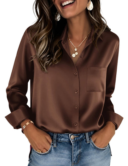 Zeagoo Womens Tops Satin Blouse Long Sleeve Shirts V Neck Dressy Casual | Button Down Business Outfits Fall Fashion With Pockets
