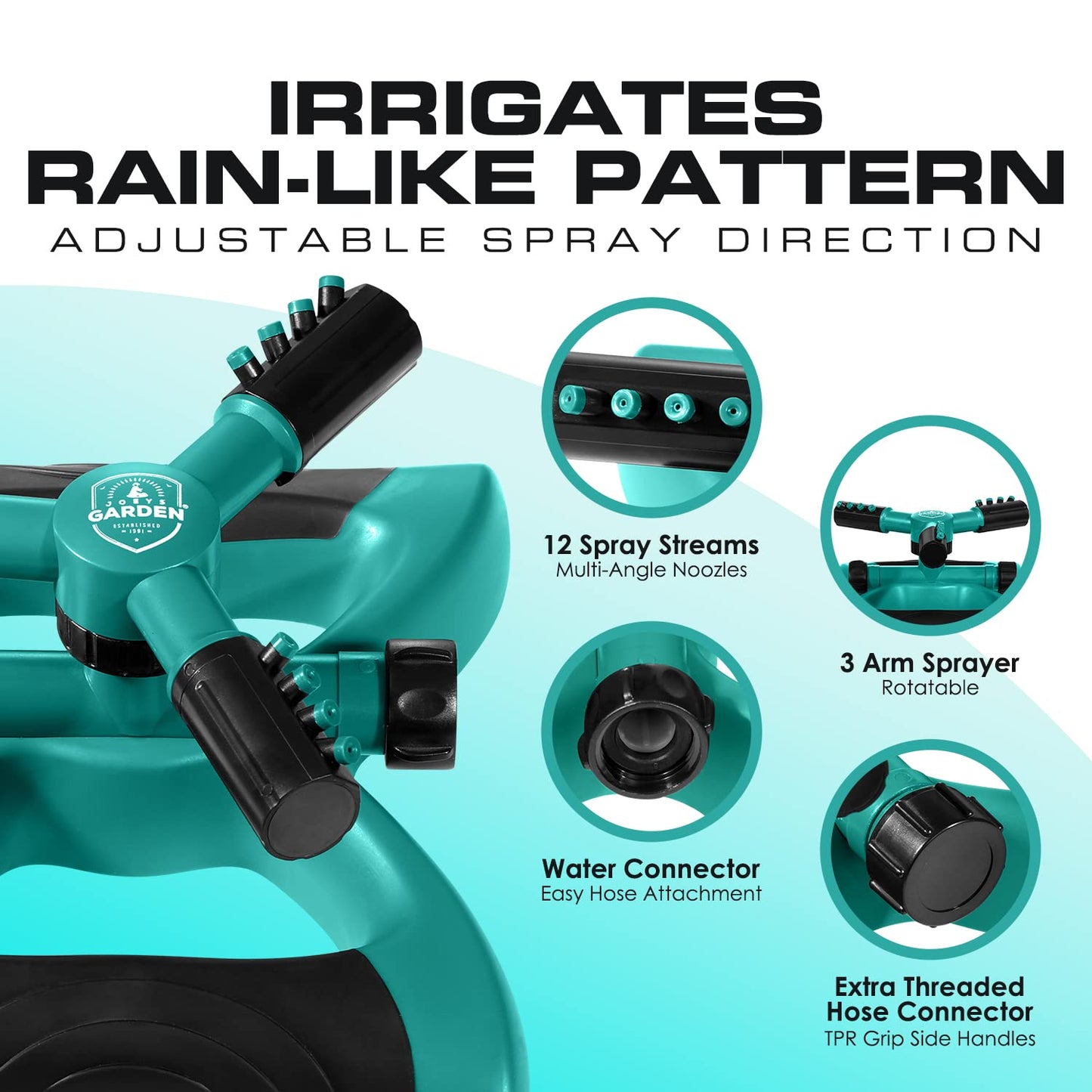 Joeys Sprinkler for Yard, Rotating Garden Sprinkler with 3 Adjustable Arms, Weighted Base, Expandable Connection, Lawn and Yard Sprinklers (Green)