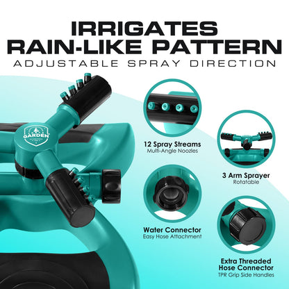 Joeys Sprinkler for Yard, Rotating Garden Sprinkler with 3 Adjustable Arms, Weighted Base, Expandable Connection, Lawn and Yard Sprinklers (Green)