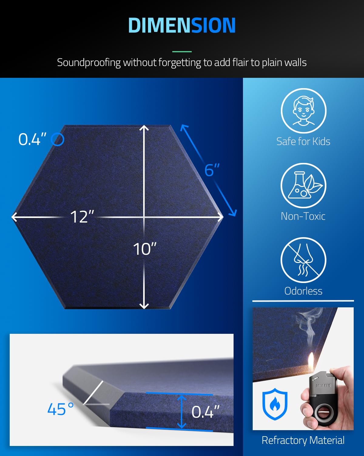 ZenSonic 12 Pack Self-adhesive Sound Proof Foam Panels for Walls 12" X 10" X 0.4" - Hexagon Acoustic Panels with Fiber Optic Starlight, Stylish Soundproof Wall Panels Absorb Noise and Wall Decor Black