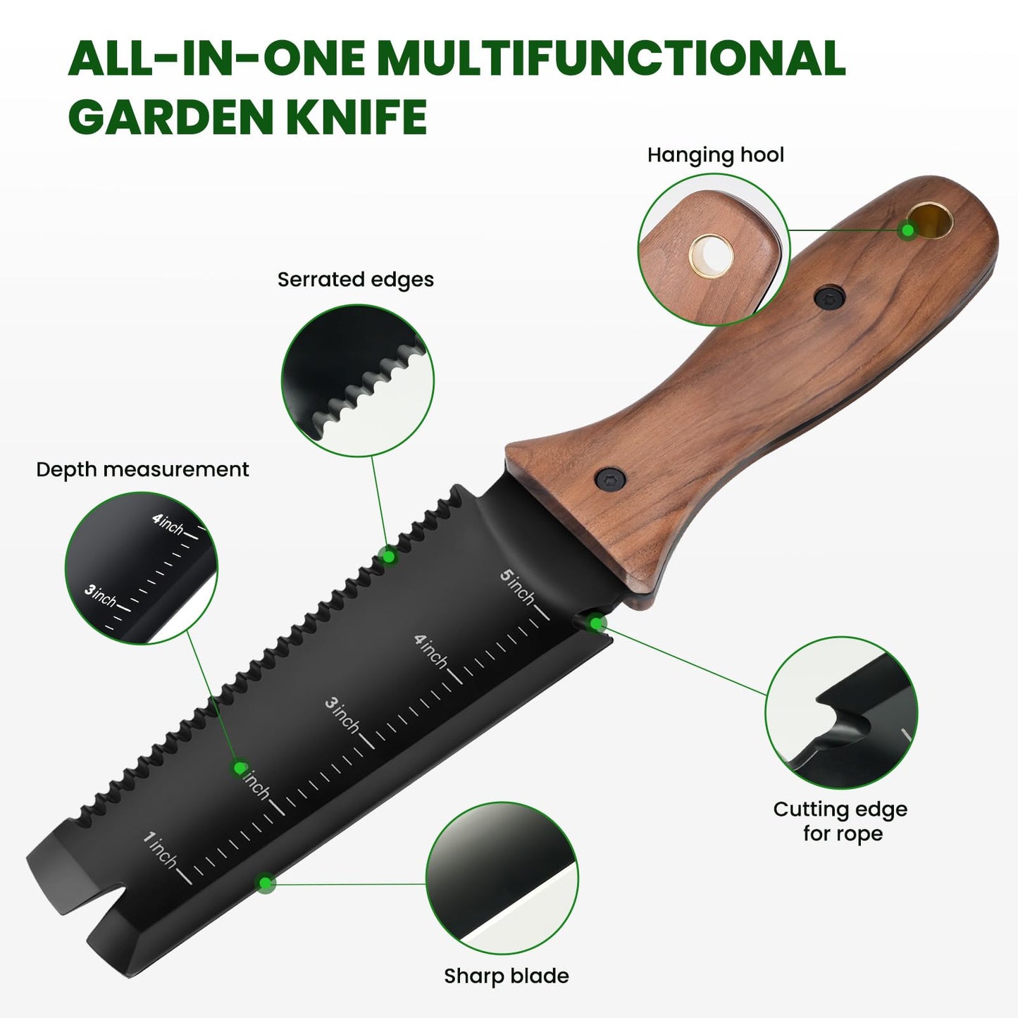 PERWIN Hori Hori Garden Knife, Garden Tools with Sheath for Weeding, Planting, Digging, 7" Stainless Steel Blade with Cutting Edge, Full-Tang Wood Handle with Hanging Hole