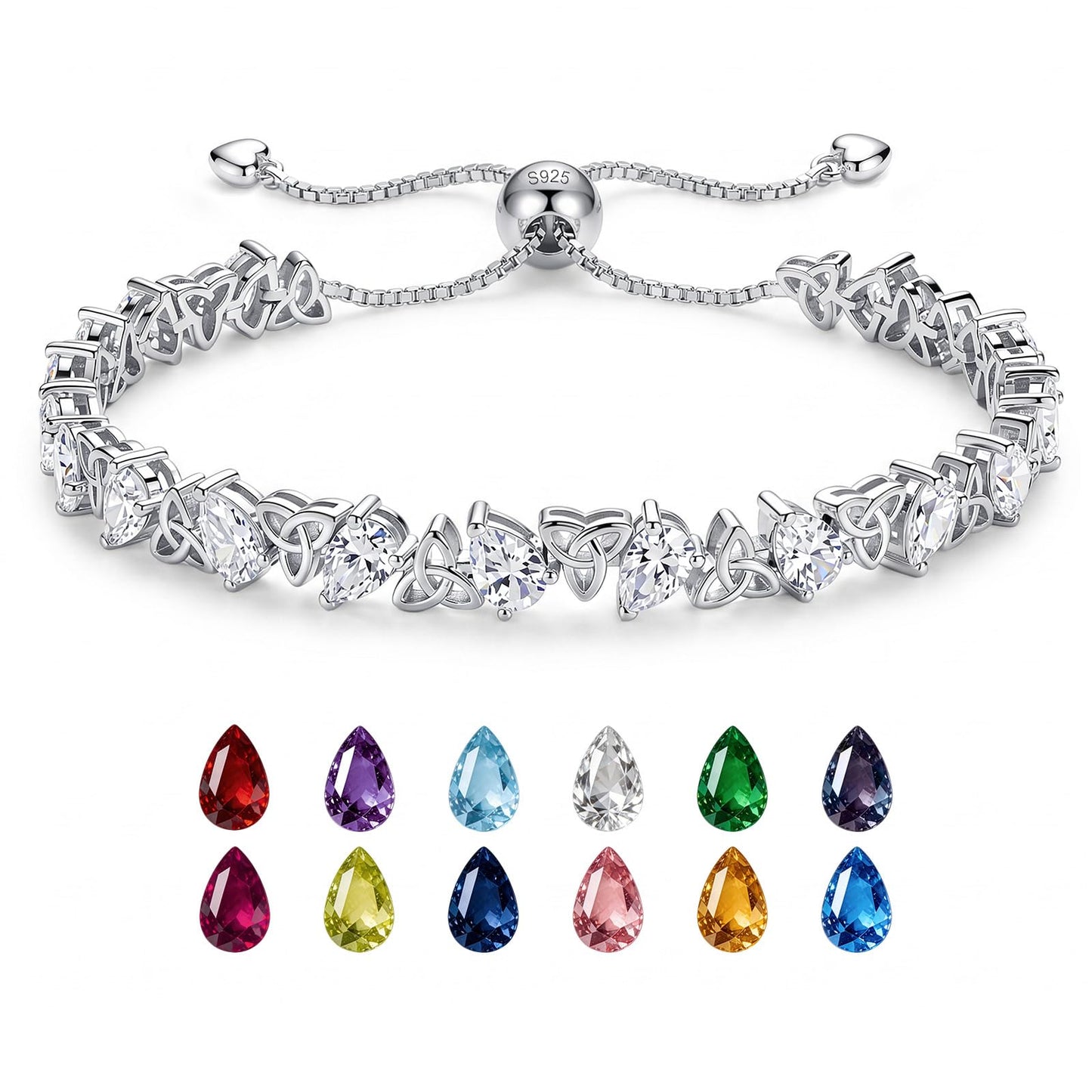 Birthstone Bracelets for Women, Pear Cut Tennis Bracelet 925 Sterling Silver, 6-9 Inch Adjustable Celtic Knot, Anniversary Birthday Jewelry Gifts for Women